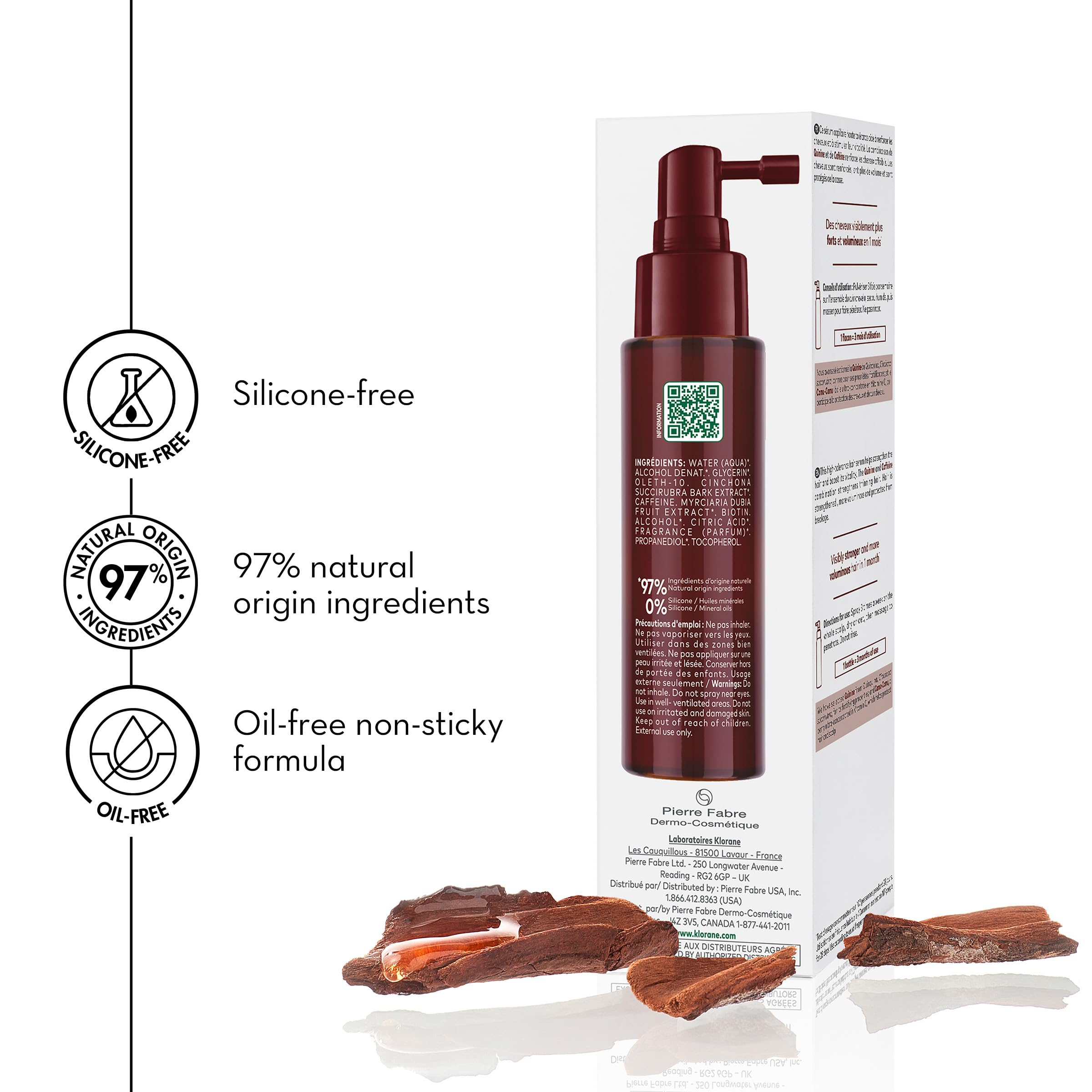 Klorane 3.3 fl oz bottle next to everyday items showing product scale