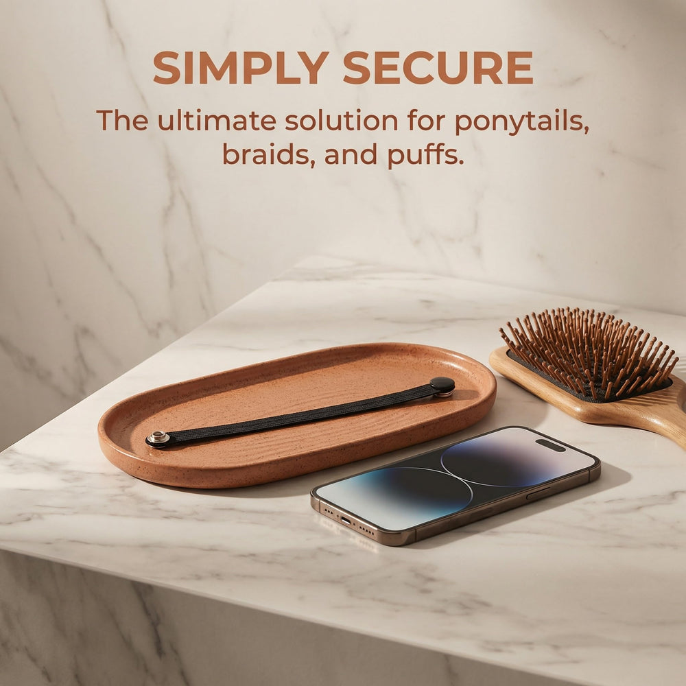 KMYZQDV hair tie securing a thick curly ponytail with gentle grip