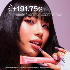 KNEMO ingredient display with Rose PDRN bottle highlighting resilient lip comfort