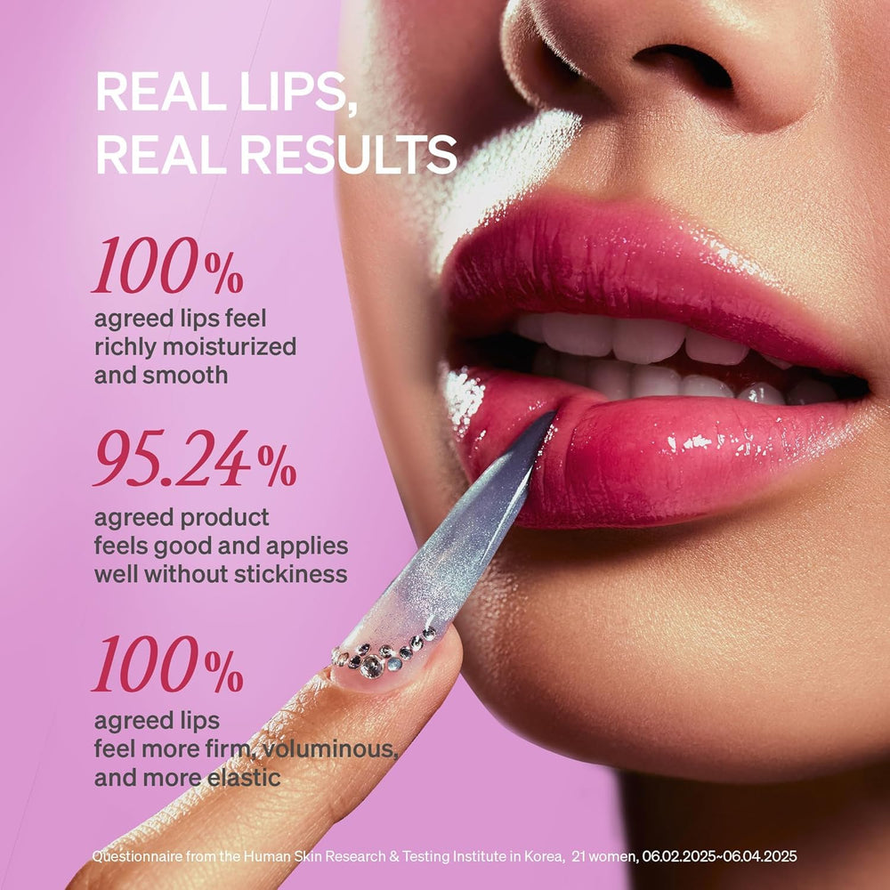 KNEMO sheer tint on lips showing plumping, luminous color benefit