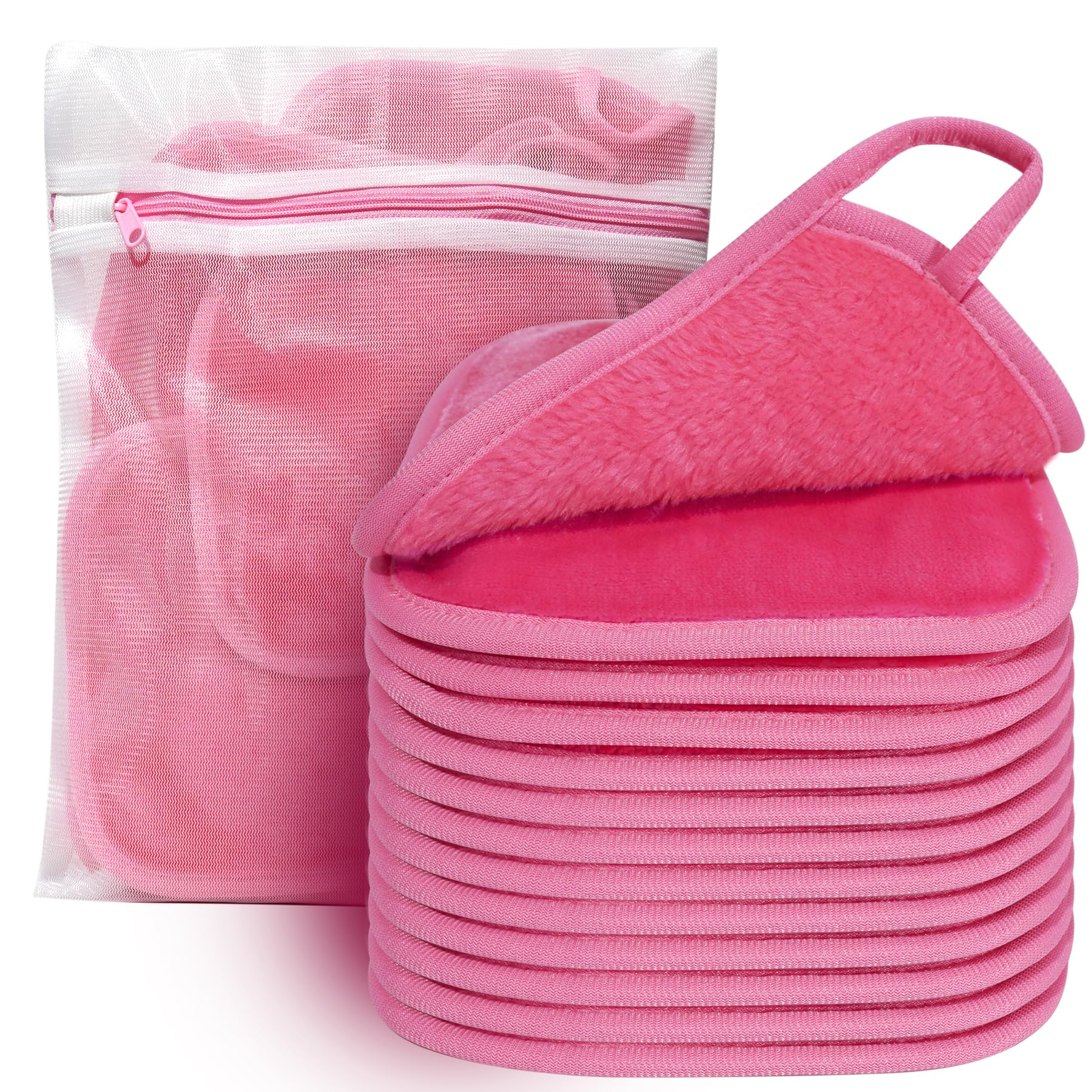 KODAMO front view of 12-pack pink reusable makeup cloths, eco benefit
