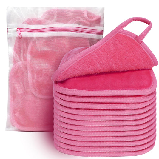 KODAMO front view of 12-pack pink reusable makeup cloths, eco benefit
