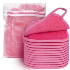 KODAMO front view of 12-pack pink reusable makeup cloths, eco benefit