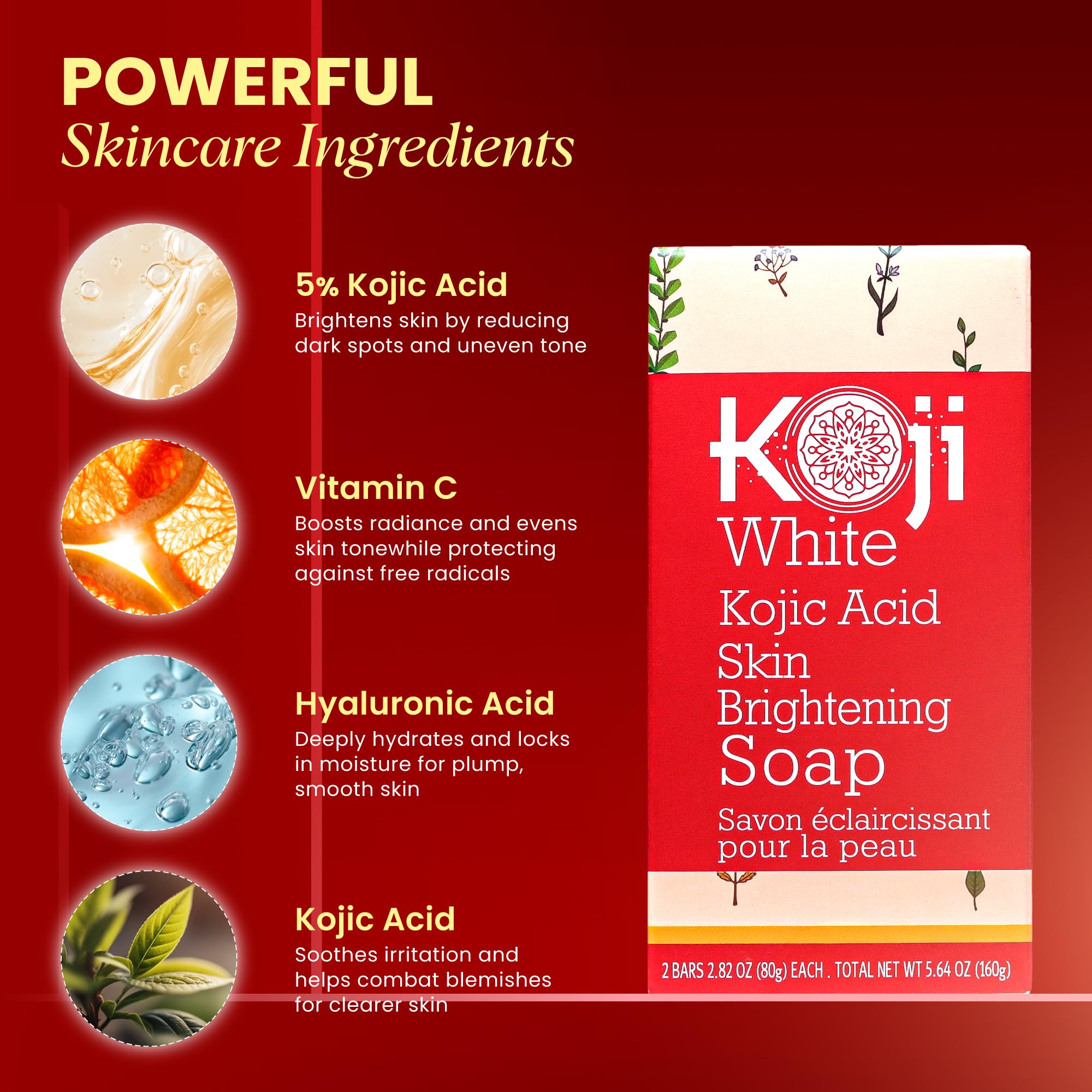 Koji White ingredients label showing active list including kojic acid and hyaluronic acid benefit