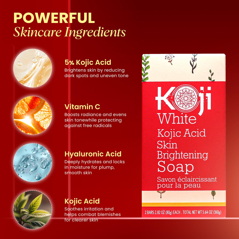 Koji White ingredients label showing active list including kojic acid and hyaluronic acid benefit