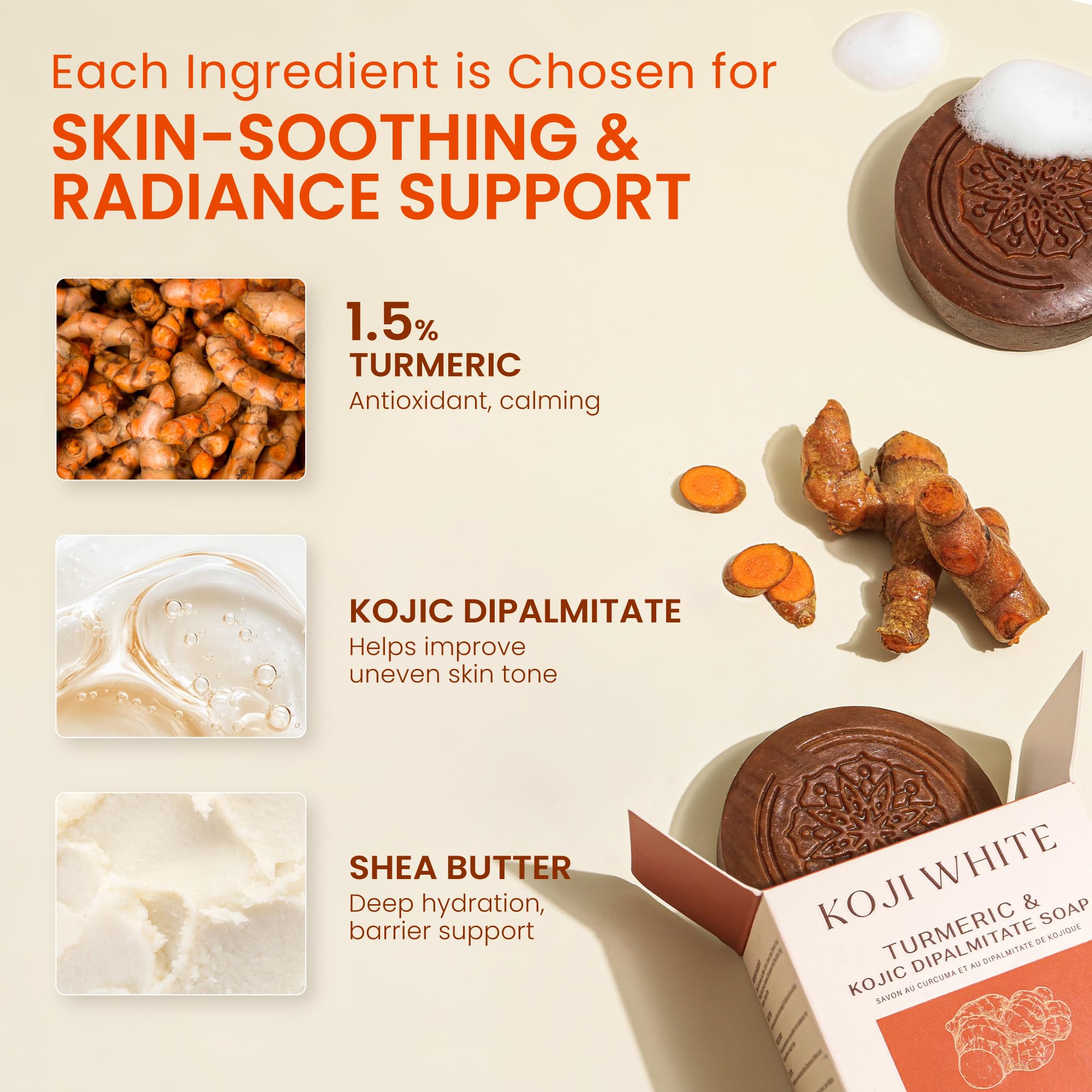 Koji White soap lather texture shown on hand demonstrating gentle cleansing foam
