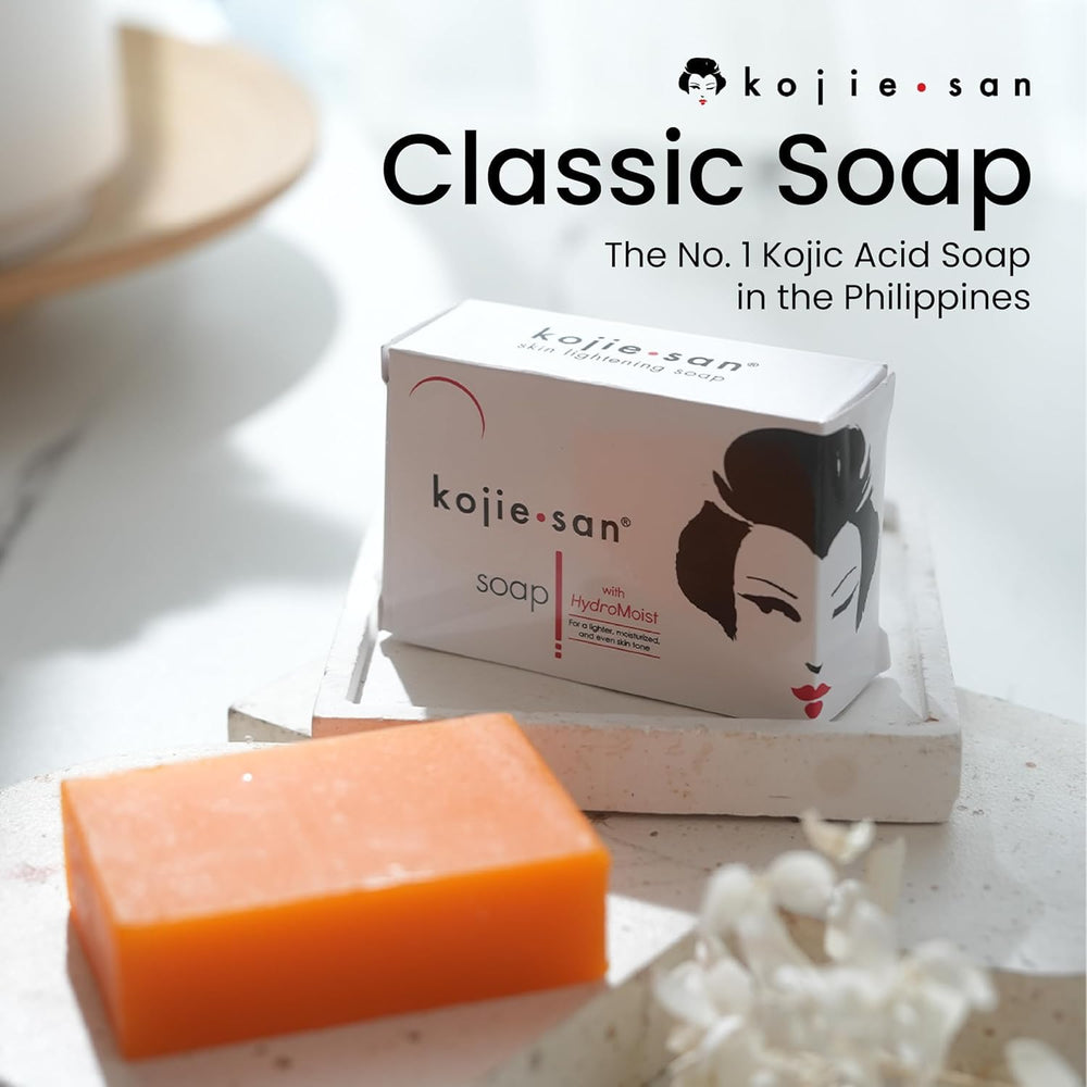 Kojie San bar resting in a soap dish to demonstrate dry storage prolongs bar life