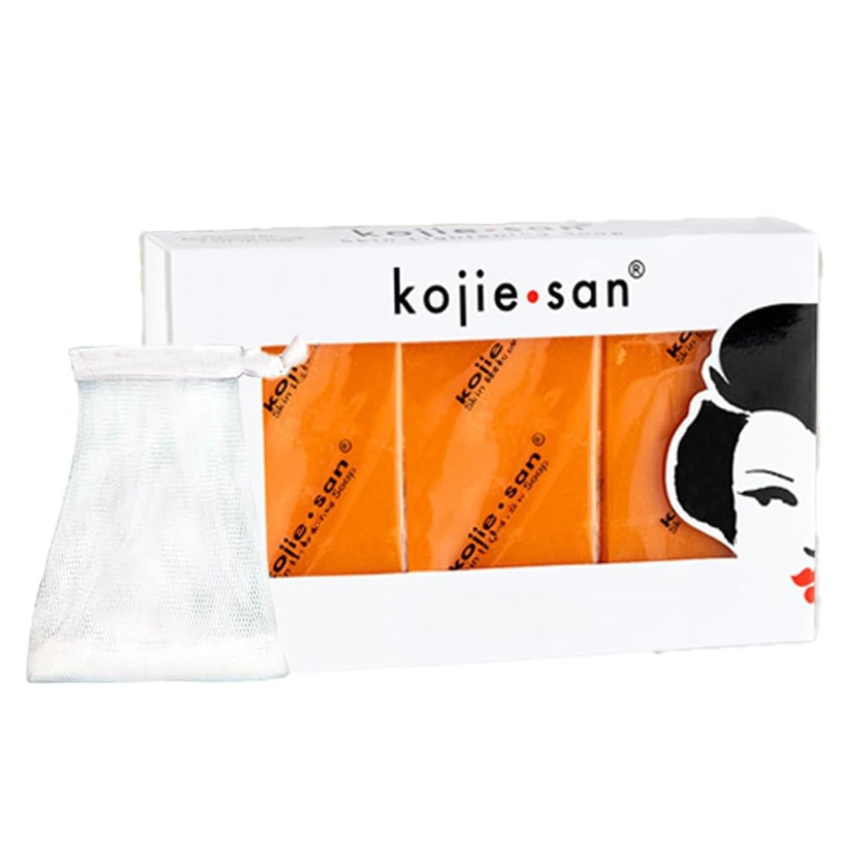 Kojie San front packaging showing three bars and net benefits brightening
