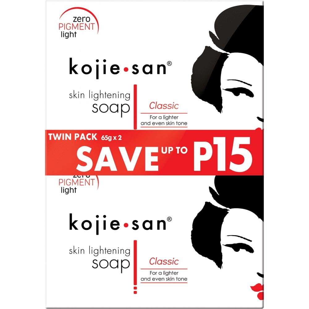 Kojie San front packaging showing two 65g bars and net, clear product ID and benefit