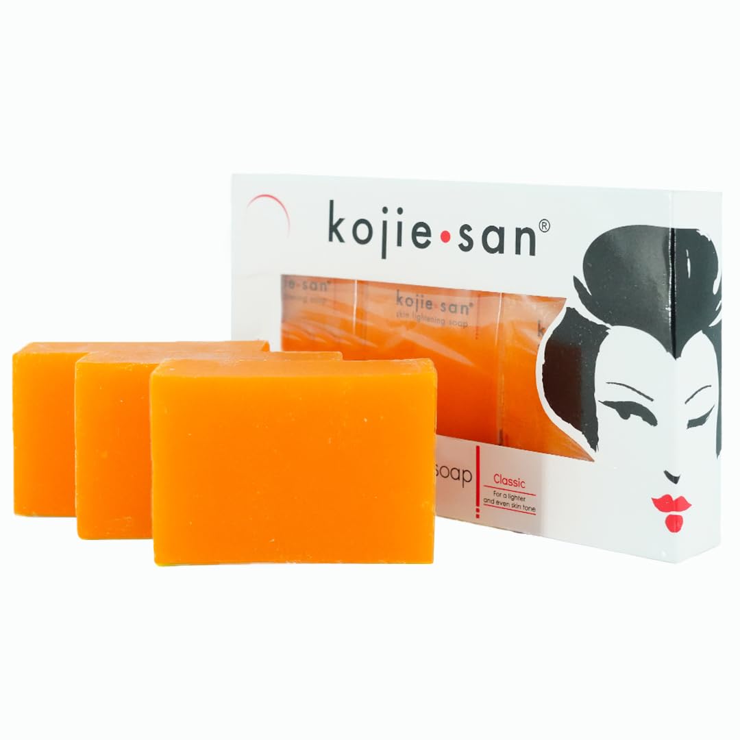 Kojie San front packaging showing three orange whitening soap bars benefits