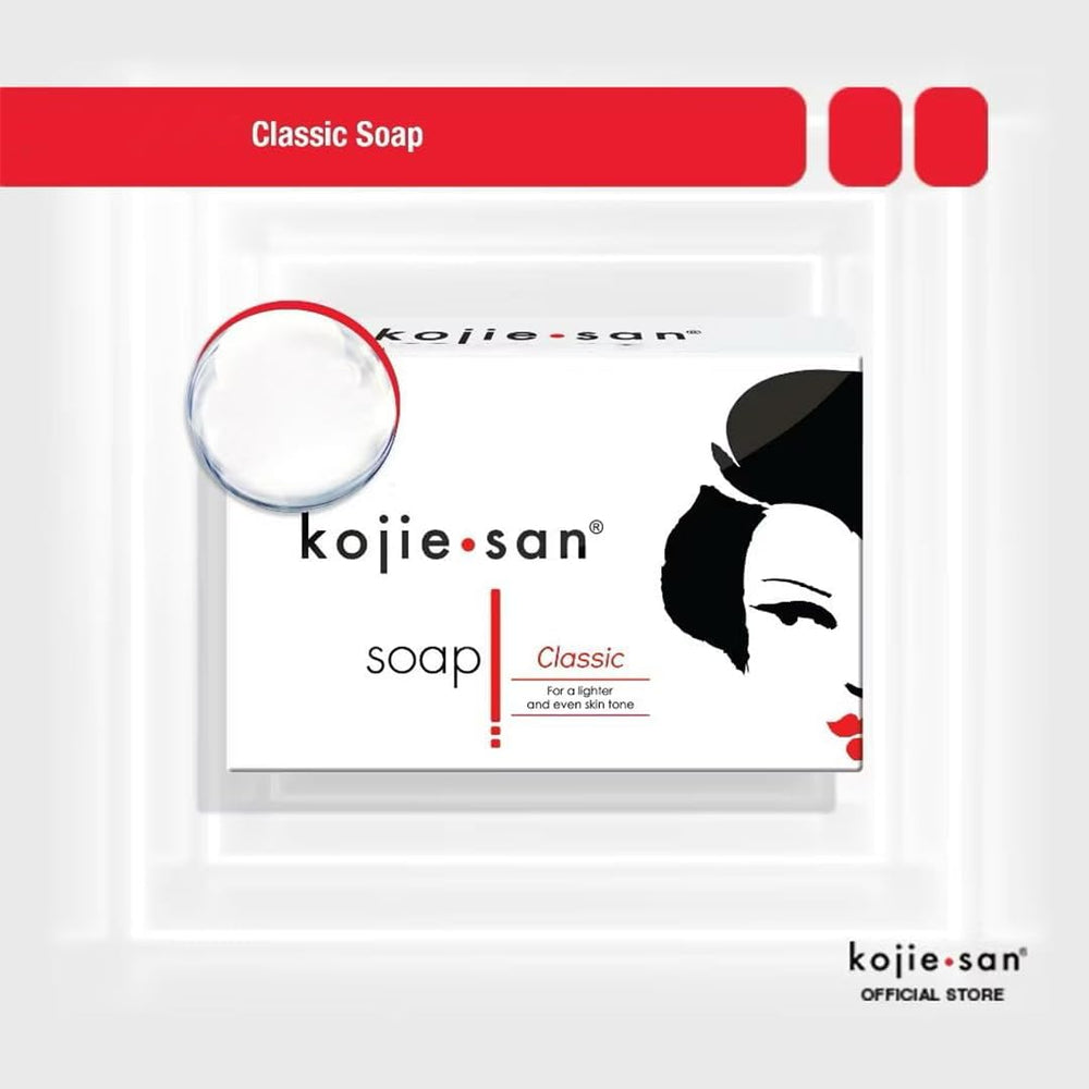 Kojie San soap next to a ruler showing 65g bar size for clear scale reference