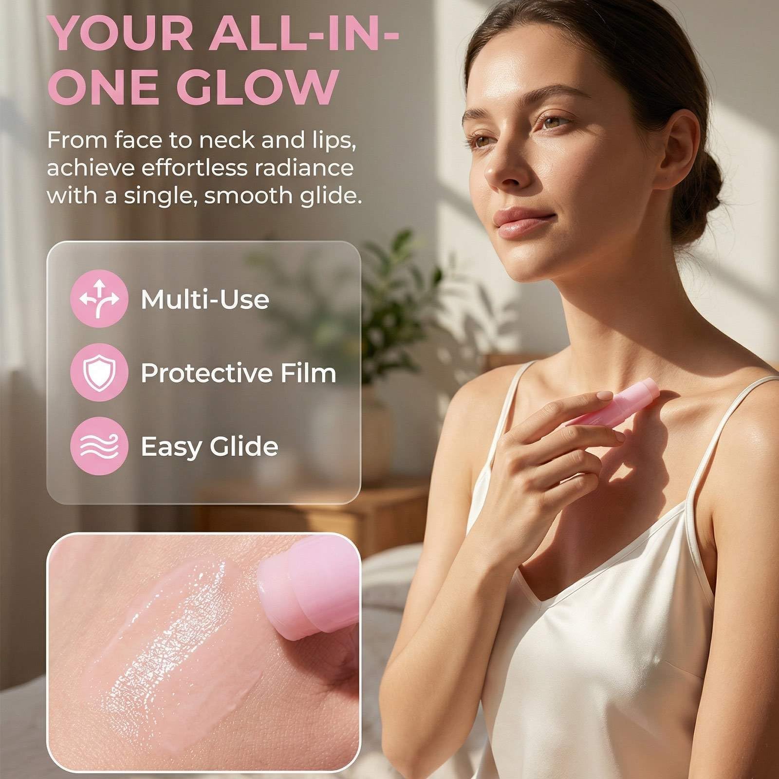 Kojxou balm stick used on neck in lifestyle scene enhancing skin suppleness