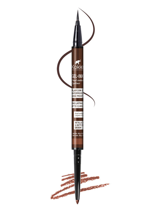 Kokie dual-ended eyeliner front packaging showing both ends and colors for travel convenience