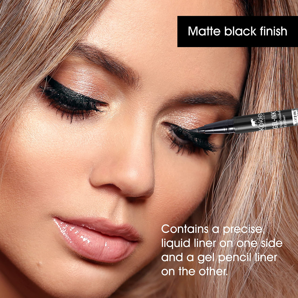 Kokie eyeliner applied on eye creating crisp wing and long wear