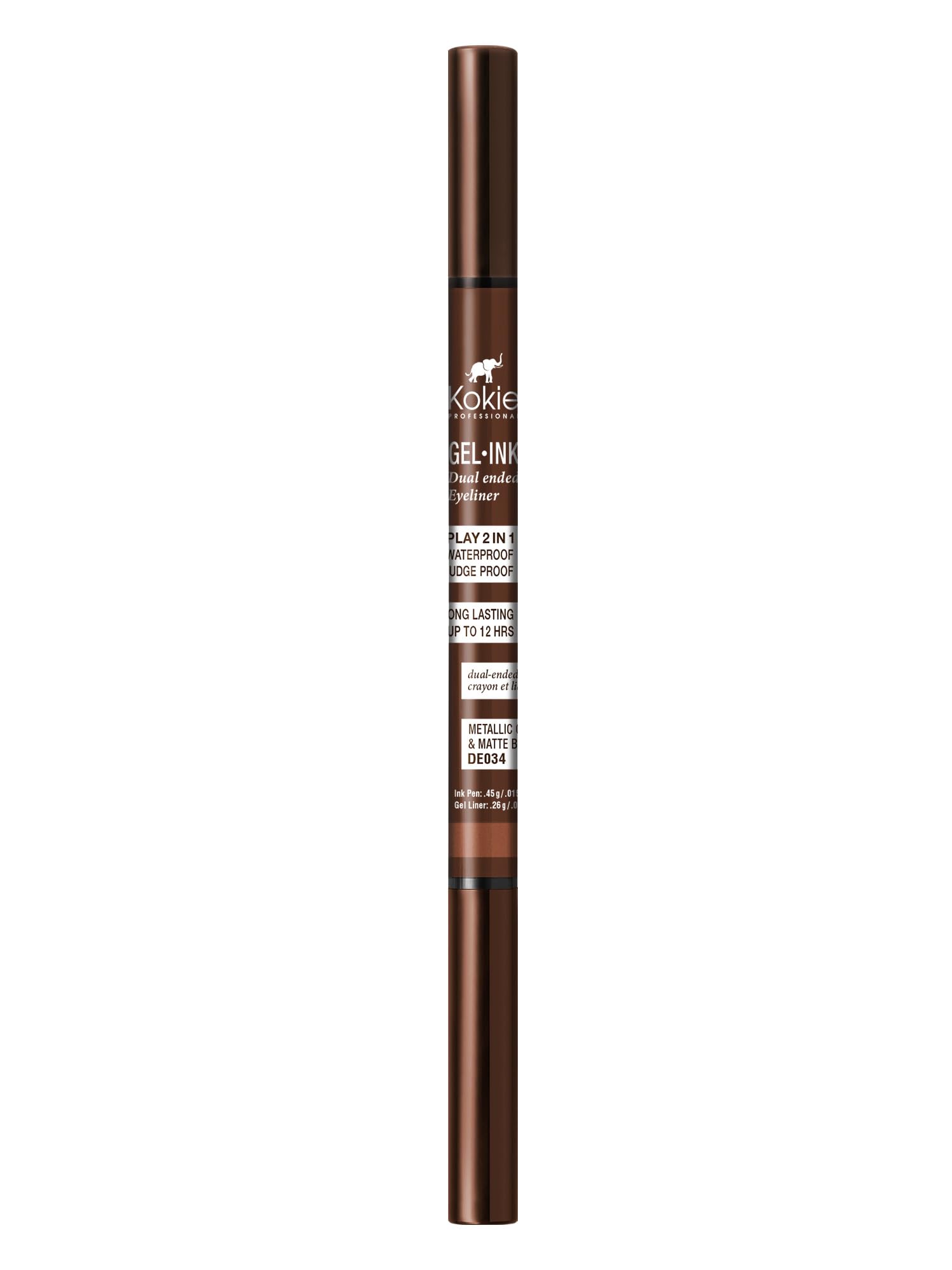 Kokie eyeliner in use on model showing metallic copper pop and matte brown depth