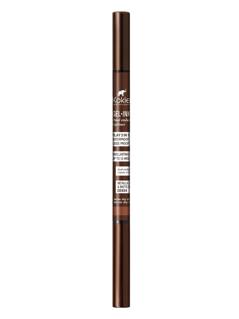 Kokie eyeliner in use on model showing metallic copper pop and matte brown depth