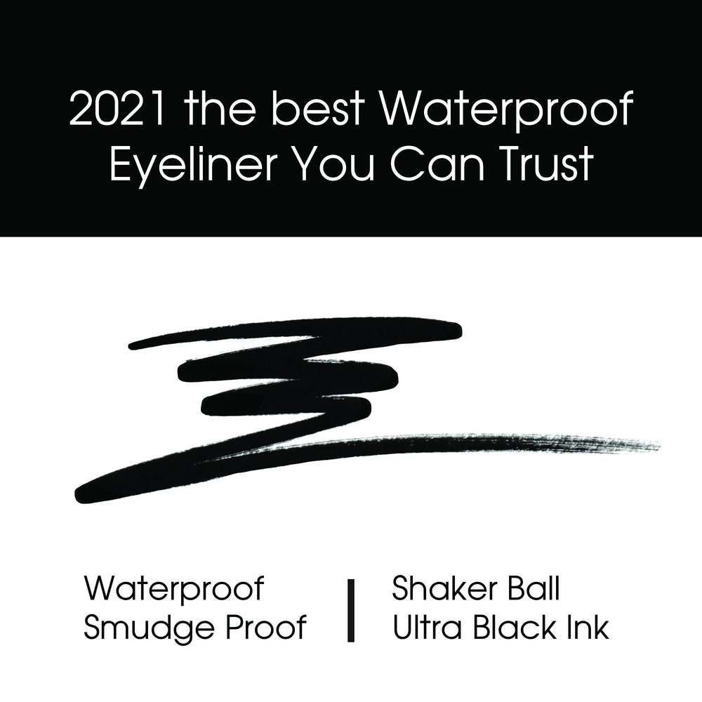 Kokie eyeliner applied as winged liner, shows intense definition
