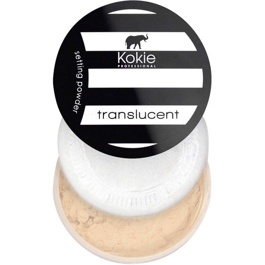 Kokie translucent powder front packaging showing compact and jar for travel convenience