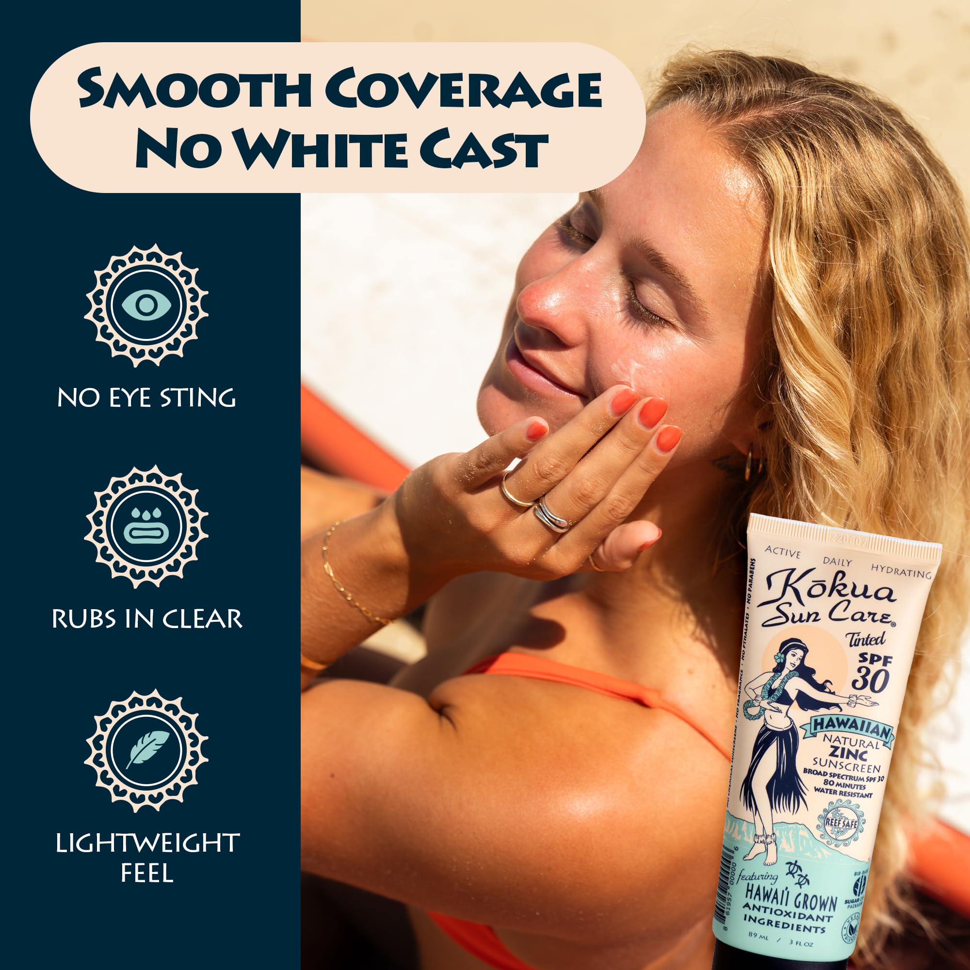 Kokua Sun Care applied to face demonstrating clear, non‑greasy tint benefit