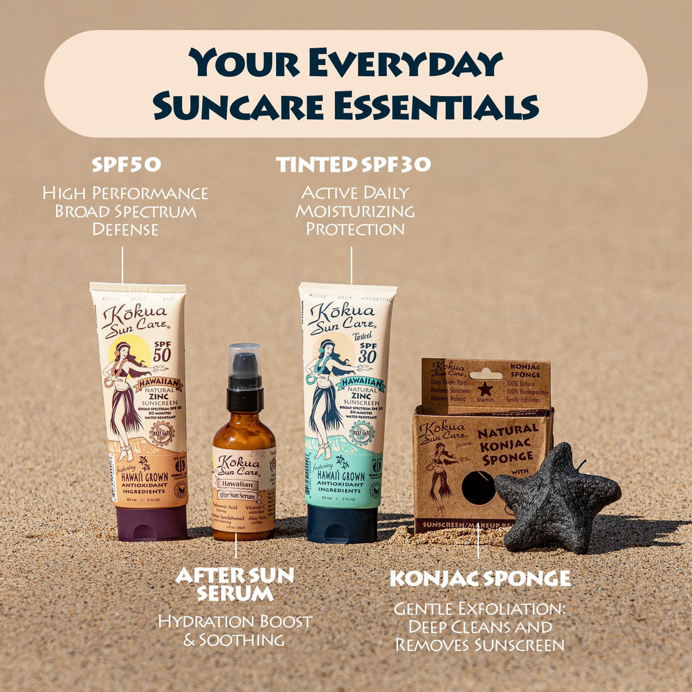 Kokua Sun Care on beach beside towel showing water resistance benefit for activities