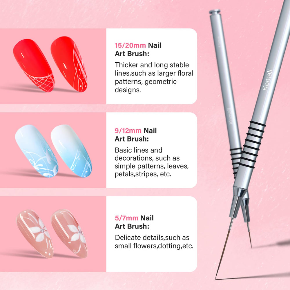 Komall brush drawing fine line on nail demonstrating precise strokes