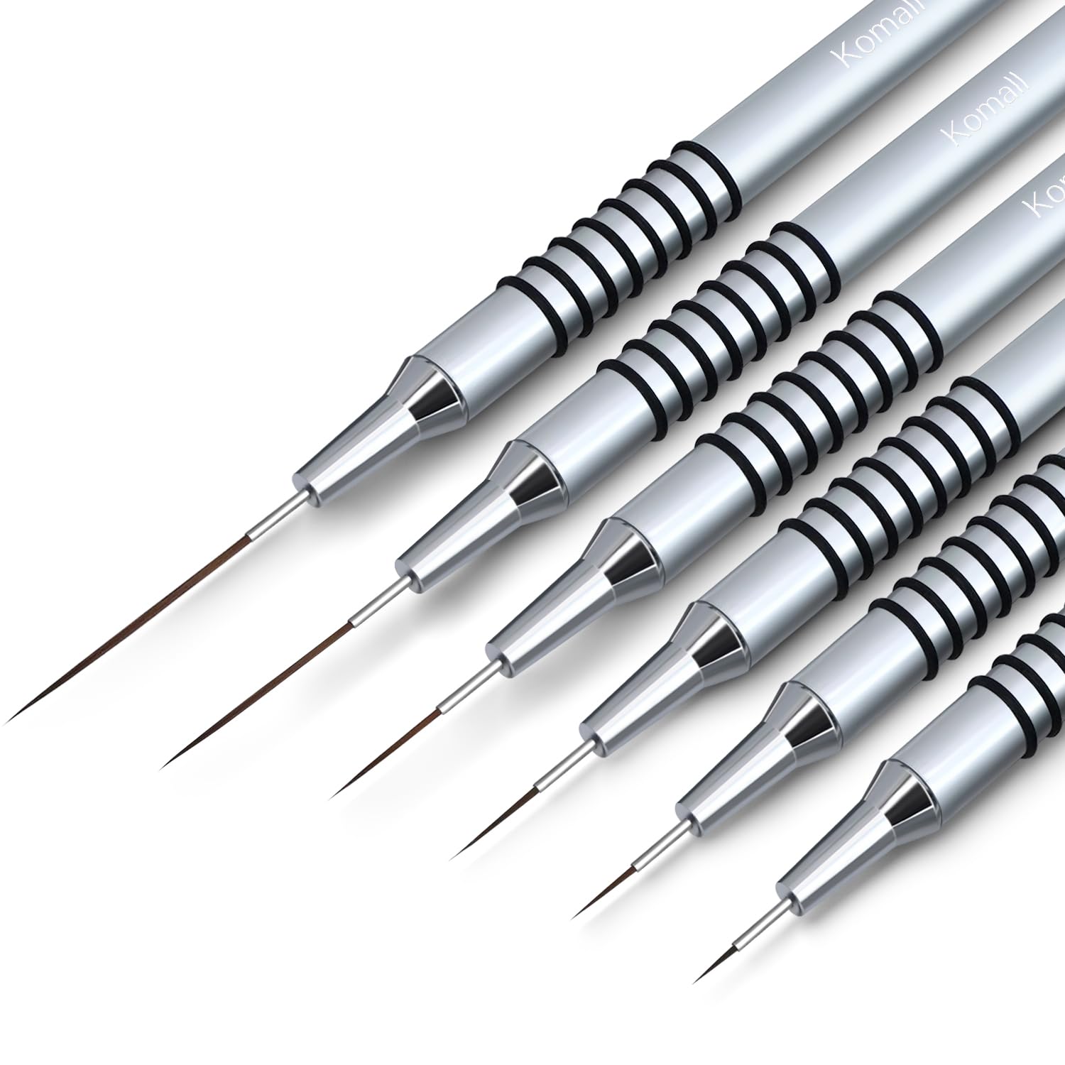 Komall metallic brushes front view showing full six-piece set and benefits