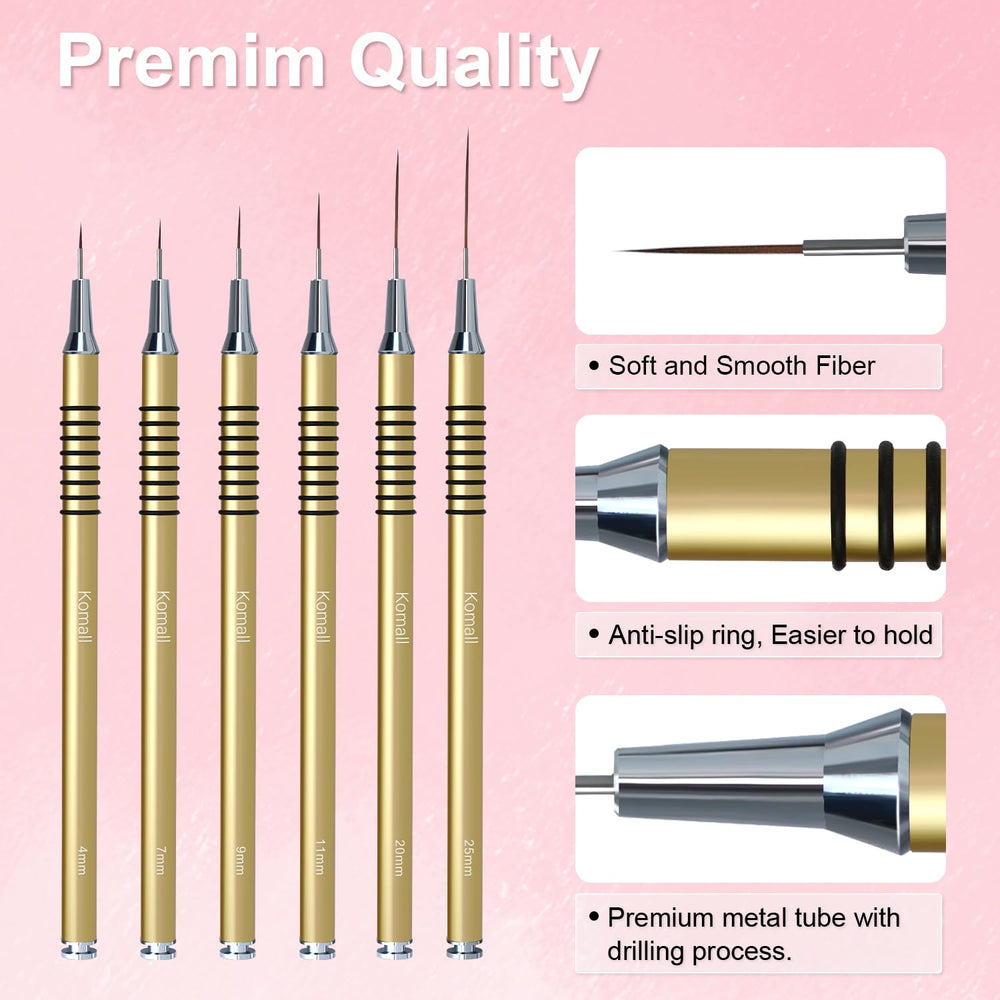 Komall six liner brushes laid side-by-side showing size range for versatility