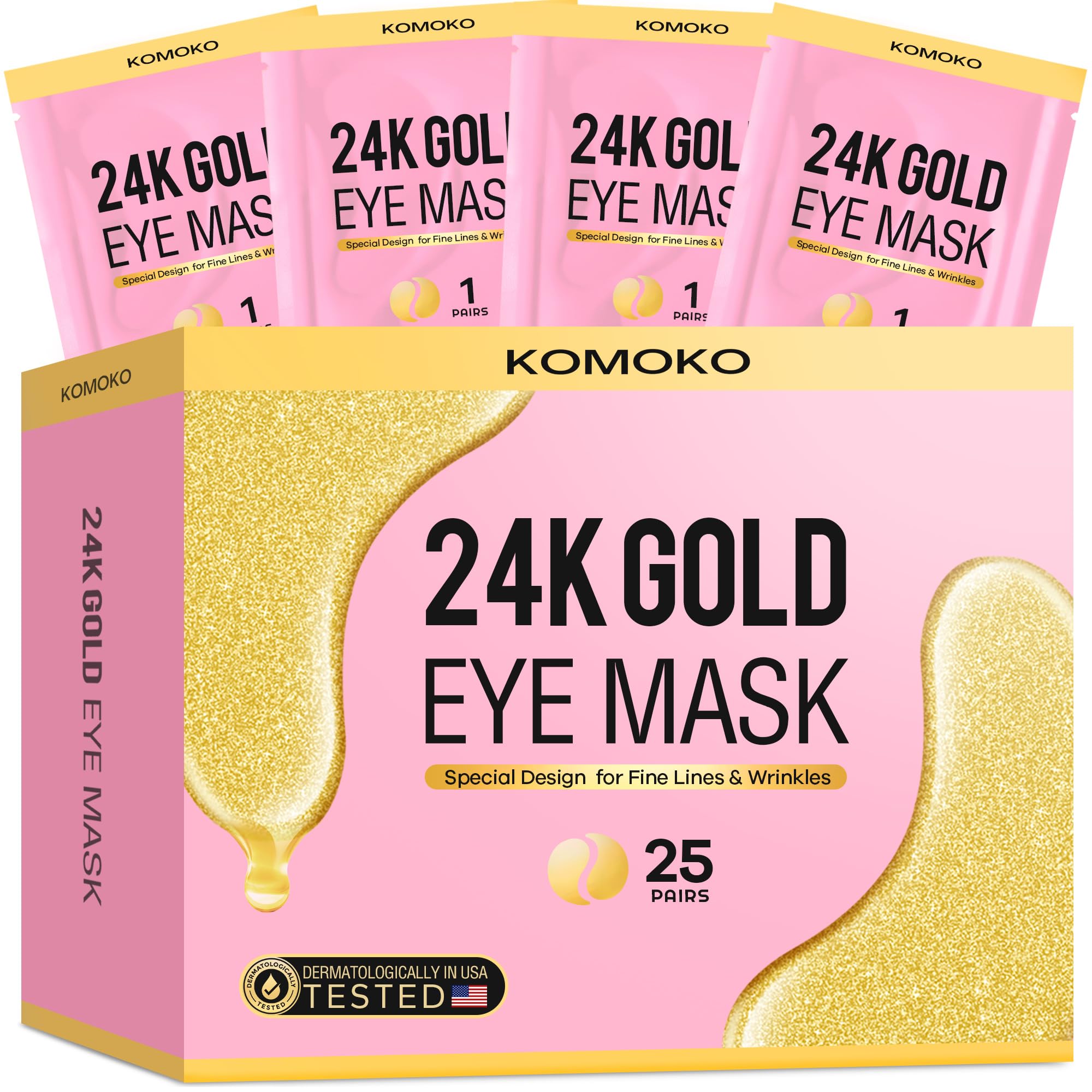 Komoko front packaging showcasing 25 pairs and gold accents benefits instant refresh