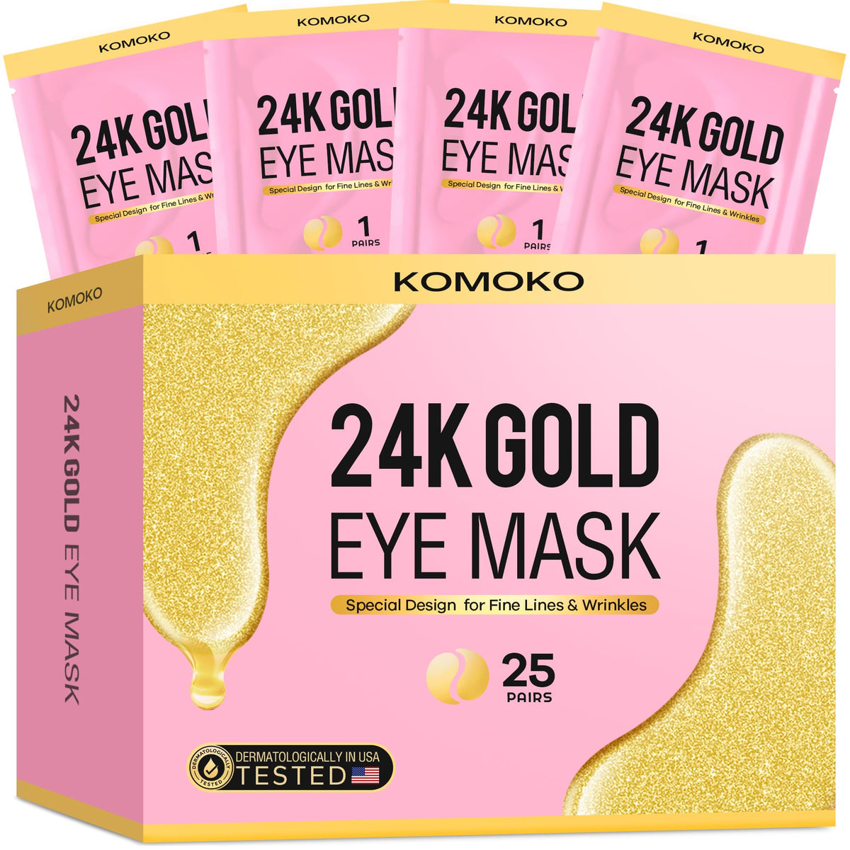 Komoko front packaging showcasing 25 pairs and gold accents benefits instant refresh
