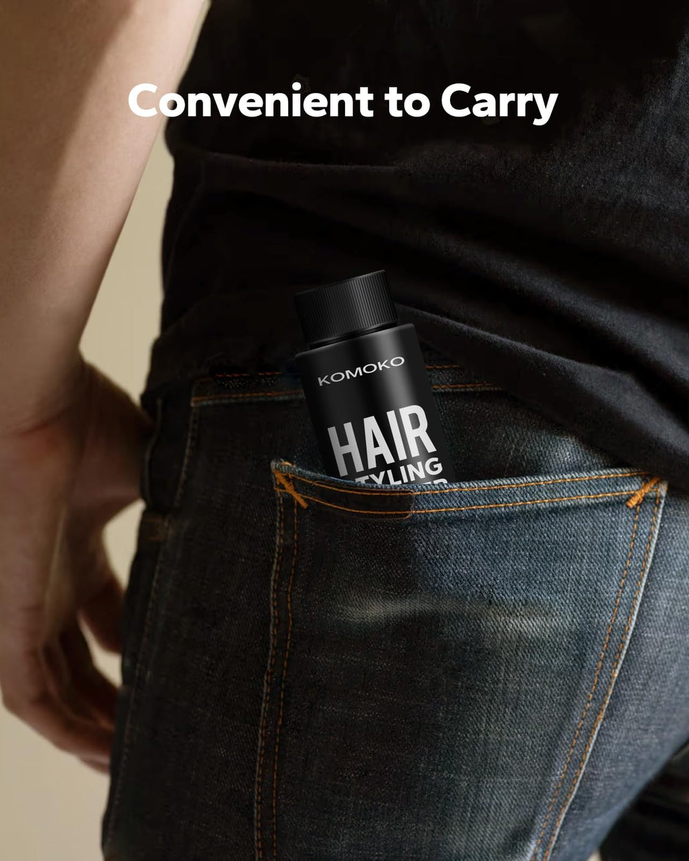 Komoko next to wallet showing pocket-size convenience for on-the-go touch-ups