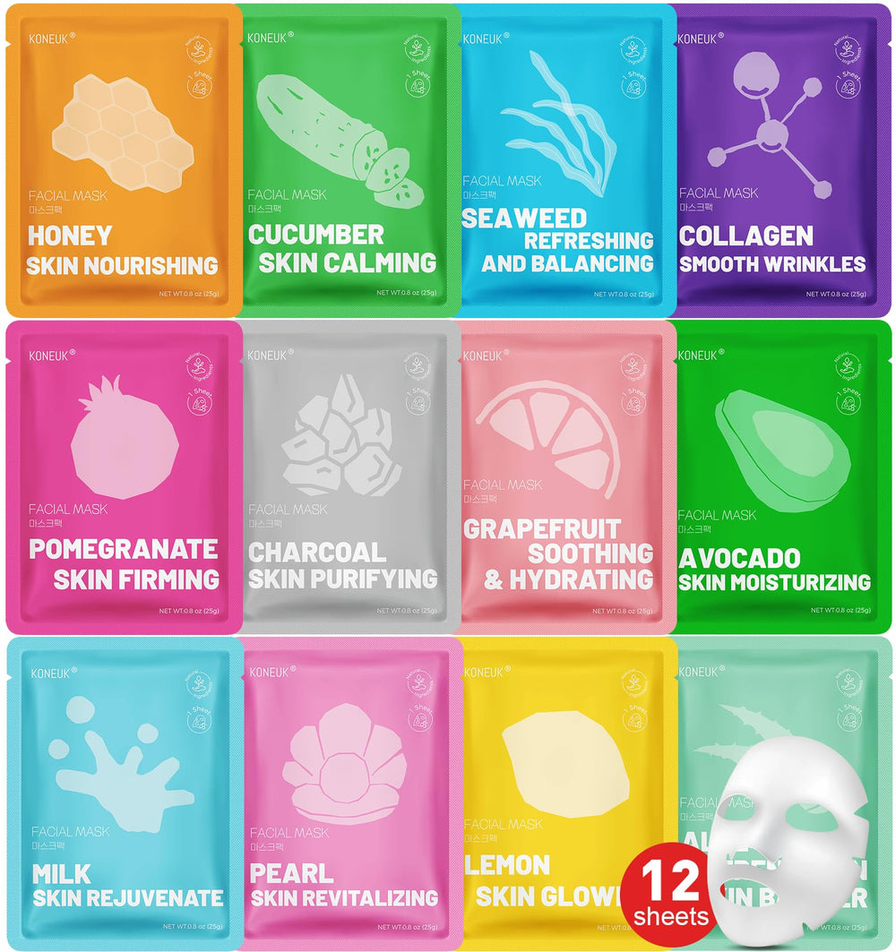 KONEUK front packaging showing 12 colorful sheet masks and gift-ready design