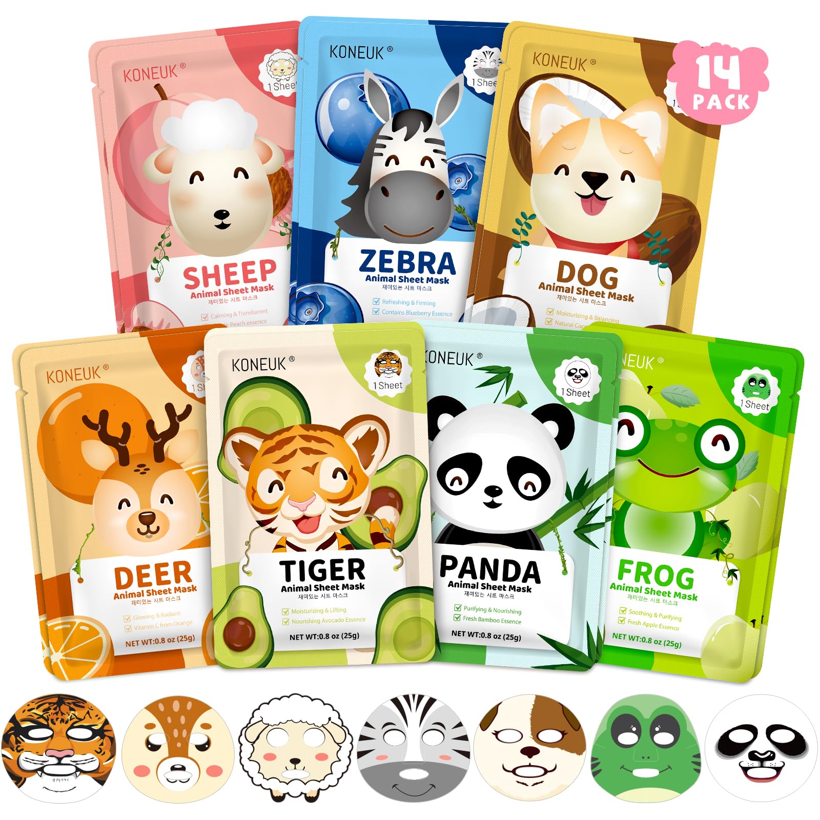 KONEUK front packaging showing 14-pack and cute animal designs, clear gifting appeal