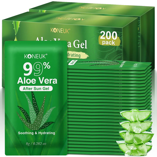 KONEUK front view of 200-pack bulk aloe gel showing compact sachets for convenience
