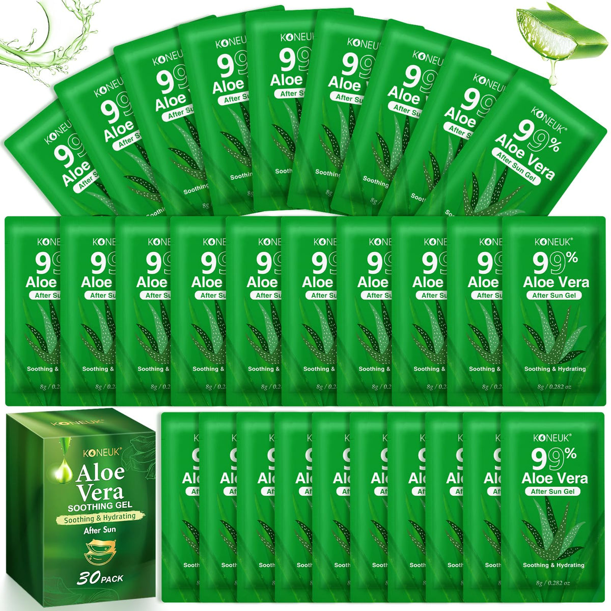 KONEUK front packaging showing 30 travel aloe sachets and bulk value