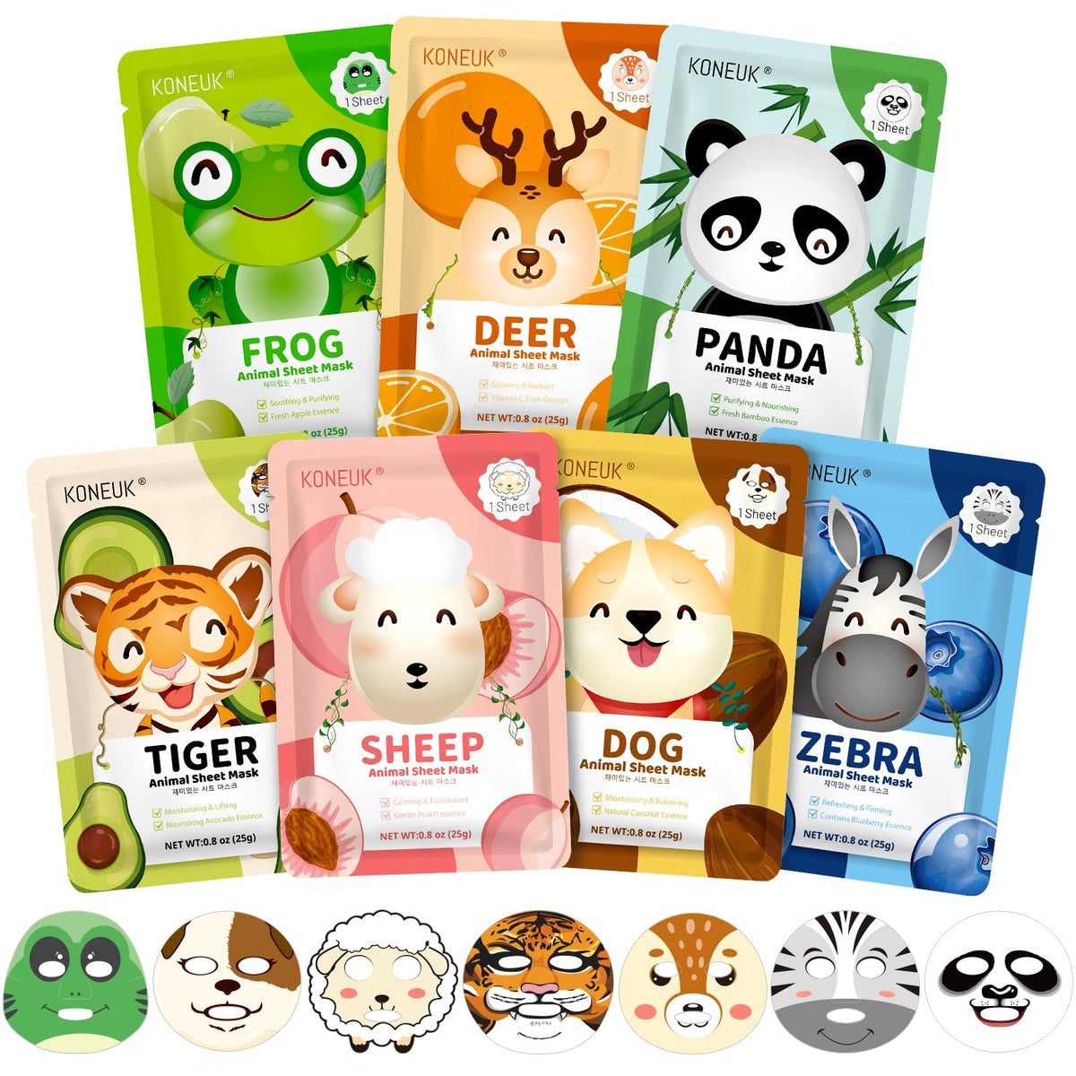 KONEUK front packaging showing seven animal mask designs and kid-friendly branding for gifting