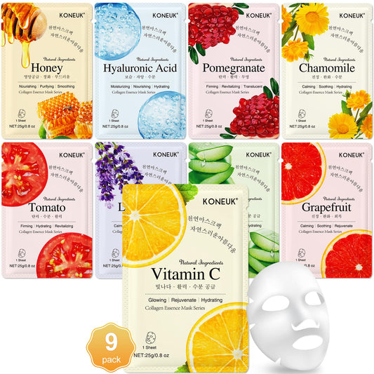 KONEUK front packaging showing nine mask variants and benefits