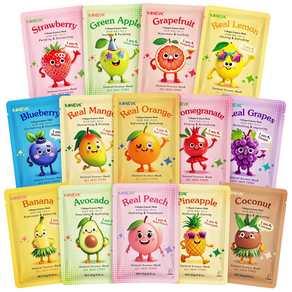 KONEUK front packaging showing 14 fruit cartoon masks and playful gift-ready design