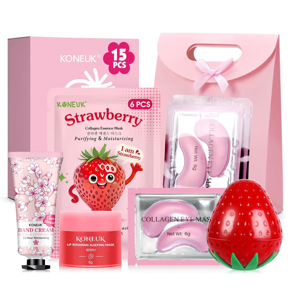 KONEUK front packaging of strawberry skincare kit, attractive gift-ready presentation