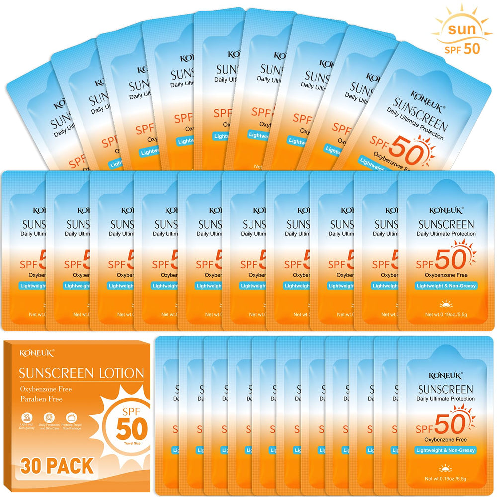 KONEUK front packaging showing 30 compact sunscreen sachets for travel convenience