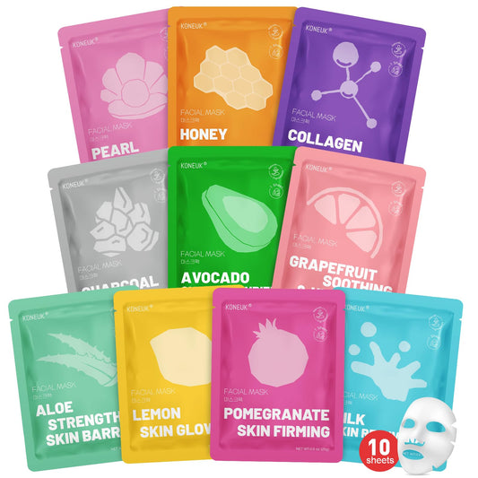 KONEUK front packaging showing ten colorful sheet masks, great for gifting