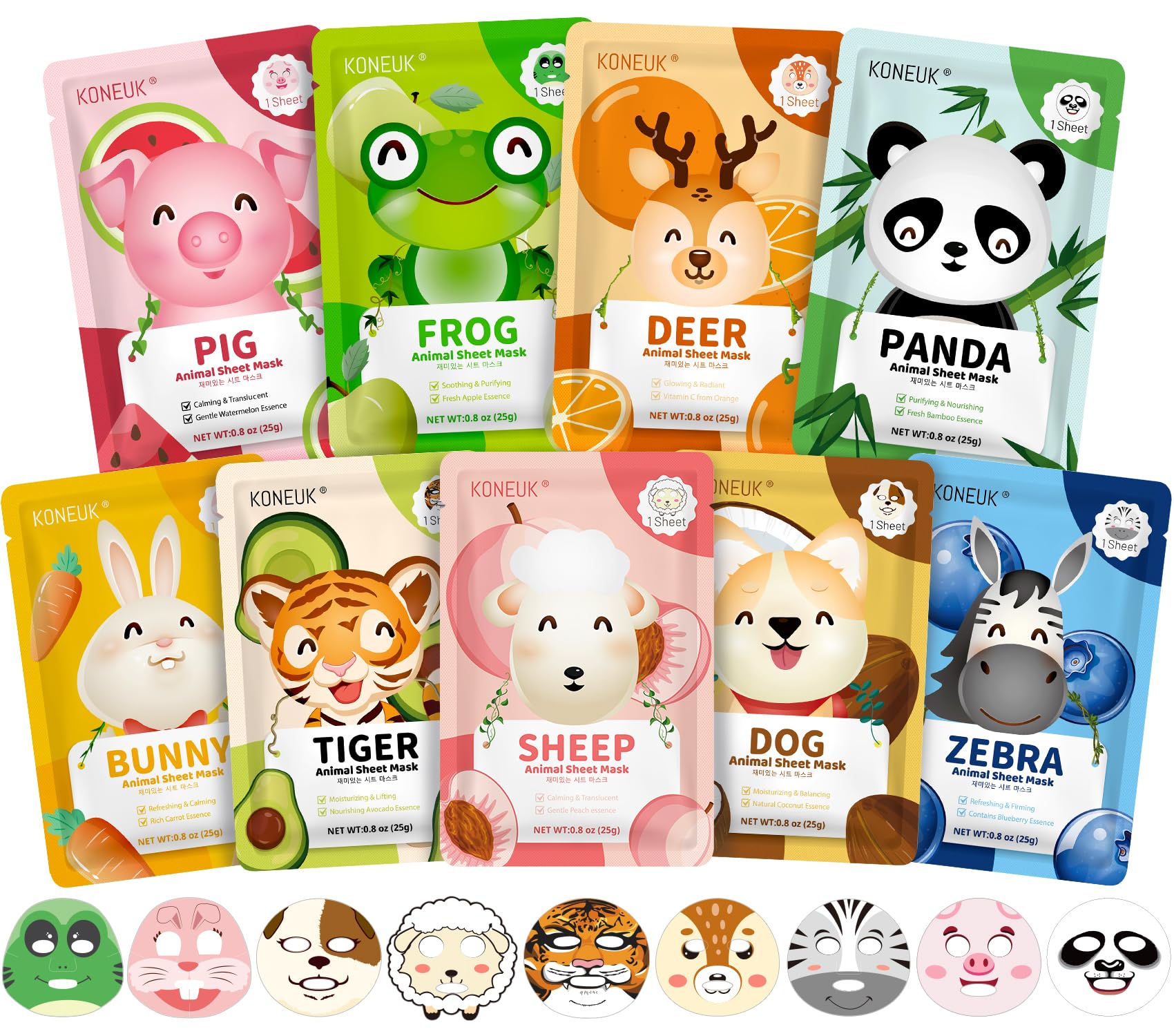 KONEUK front packaging showing nine animal sheet masks and colorful design benefits hydration