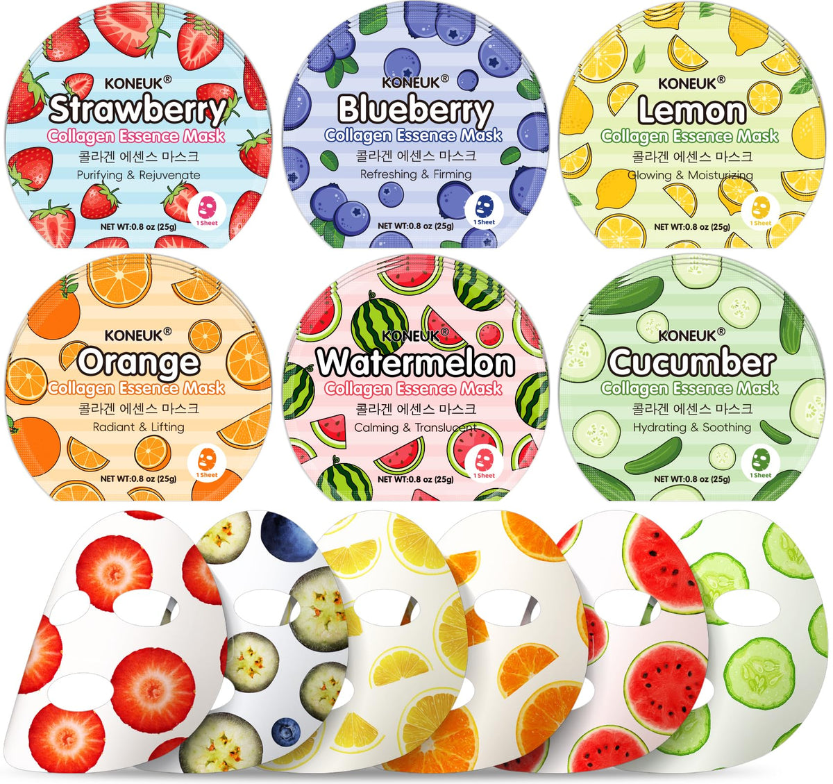 KONEUK front packaging showing 18 colorful fruit sheet masks and benefits