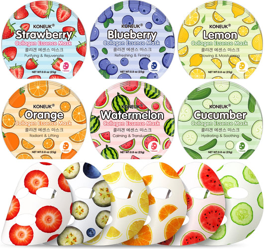 KONEUK front packaging showing 18 colorful fruit sheet masks and benefits
