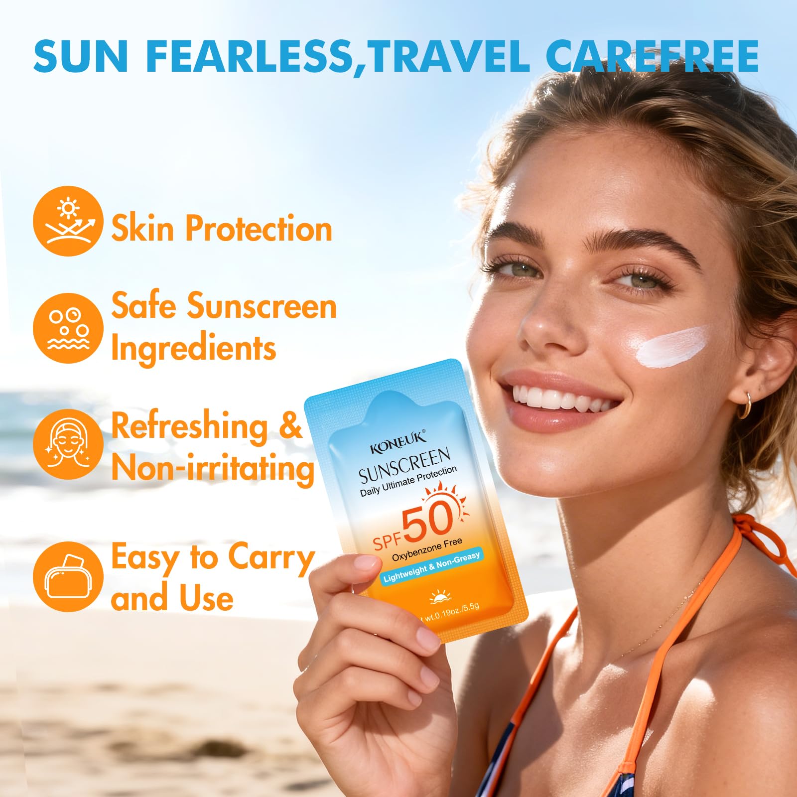 KONEUK hand applying sachet sunscreen for fast, non-greasy protection on the go