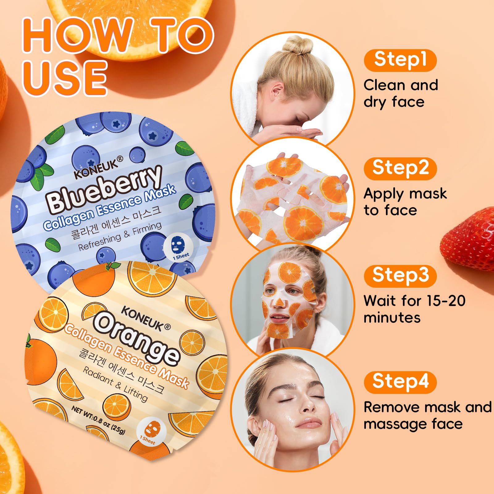 KONEUK model wearing fruit mask illustrating fun self-care benefit