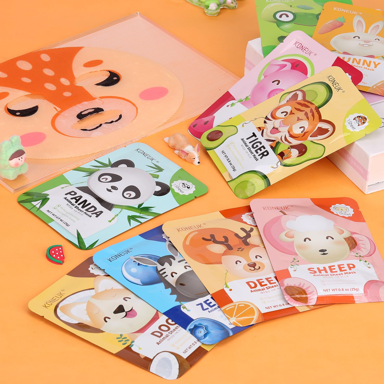 KONEUK masks arranged at a sleepover spa setup showing fun group-use benefits