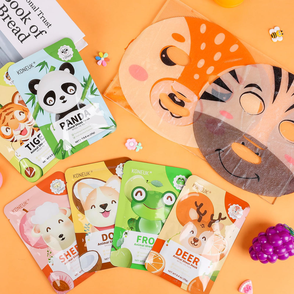KONEUK masks displayed at a spa party setup showing colorful, collectible party favor use