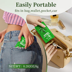 KONEUK sachets in a travel pouch to highlight portability and spill-free benefit