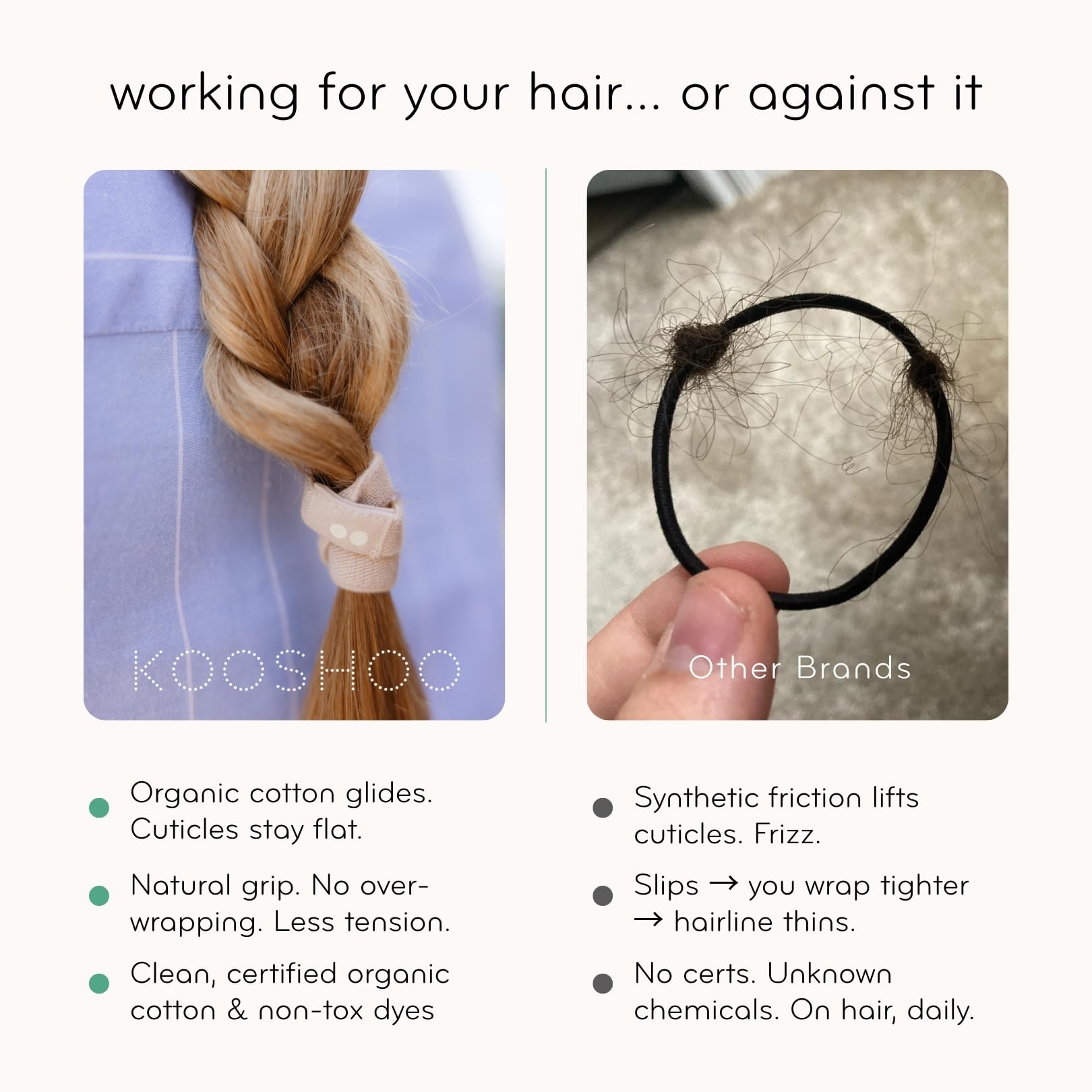 KOOSHOO close-up of organic cotton wrap texture offering gentle hair protection