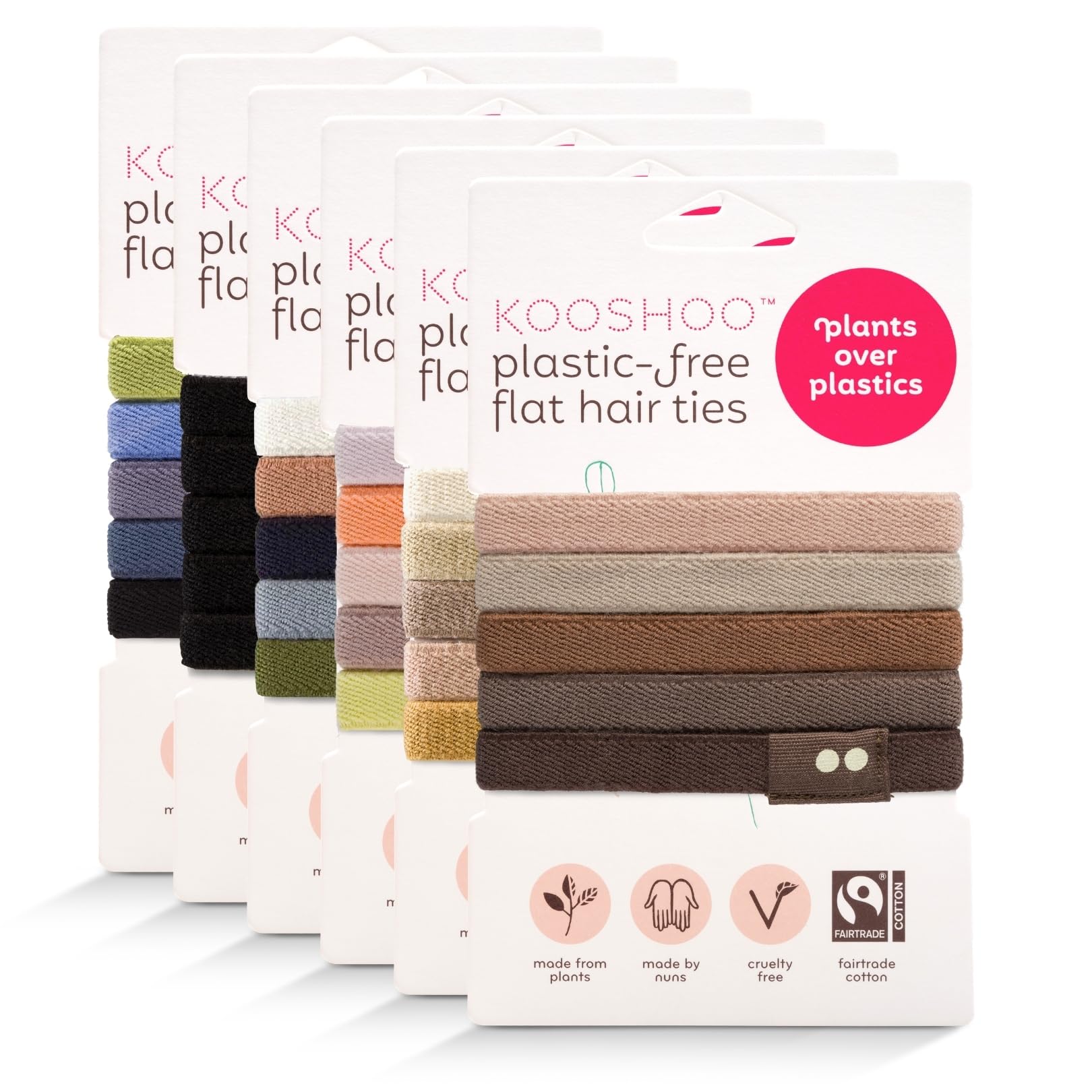 KOOSHOO front packaging showing five earth tint biodegradable hair ties and eco benefits